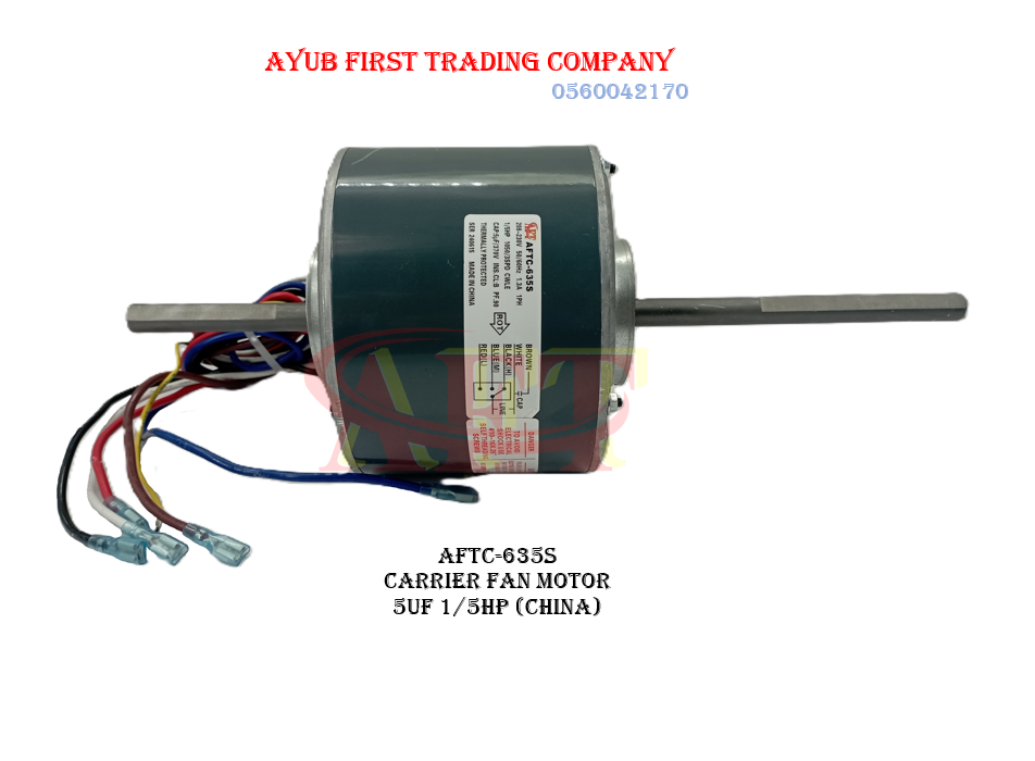 AFTC-635S CARRIER FAN MOTOR 5UF 1+5HP (CHINA) 1/5 HP. 1050/1200 RPM. Carrier Double-Shaft Window Air Conditioner Fan Motor : AFTC-635S - Image 1